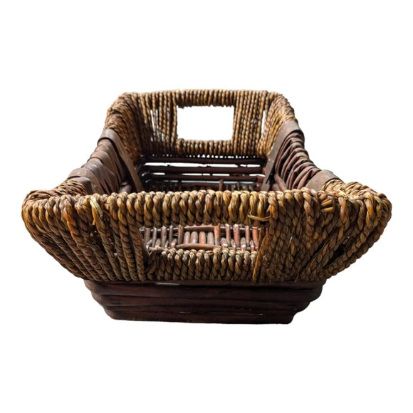 Wooden  Wicker Straw Wrapped Rectangular Basket - Picture 3 of 8